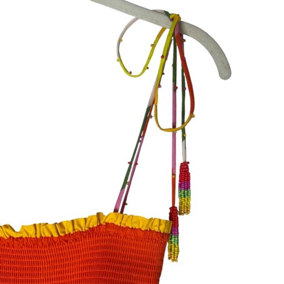 Farm Rio Rainbow Stripe Smocked Tie Strap Tiered Midi Dress Size S Designer - Picture 3 of 16